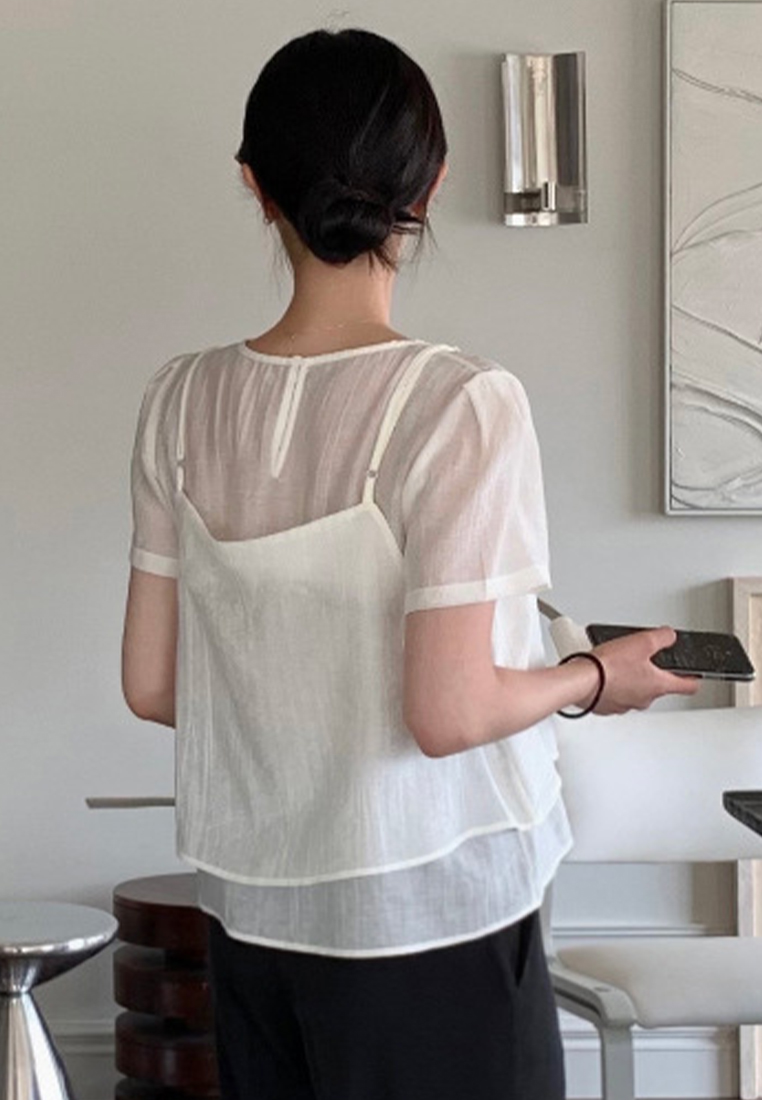 Summer Round Neck Bubble Sleeve Chiffon Top CA25042911BK