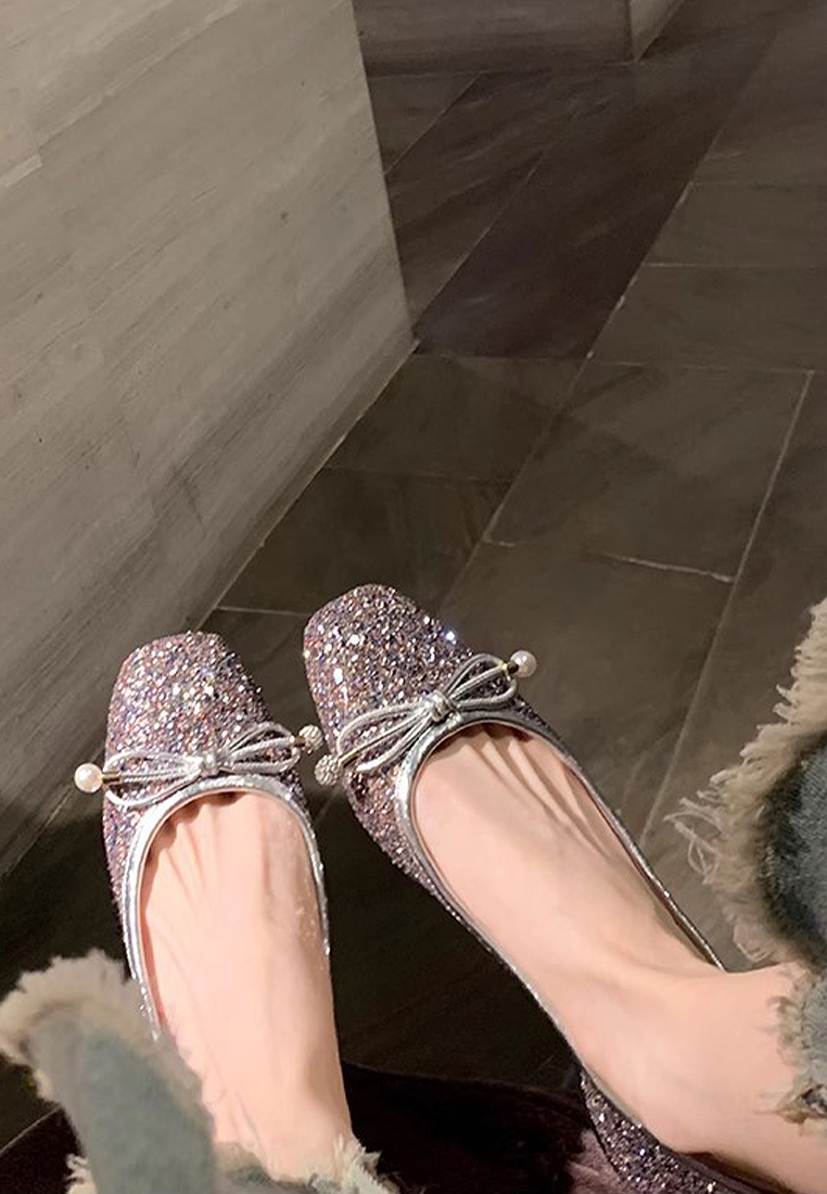 New square-toed bow-knot shallow pearl ballet leather shoes CA225042211SL