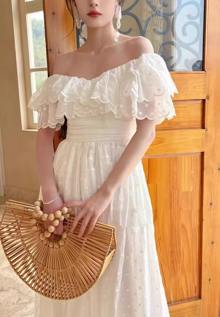 2024 white off shoulder lace dress CA24102534W