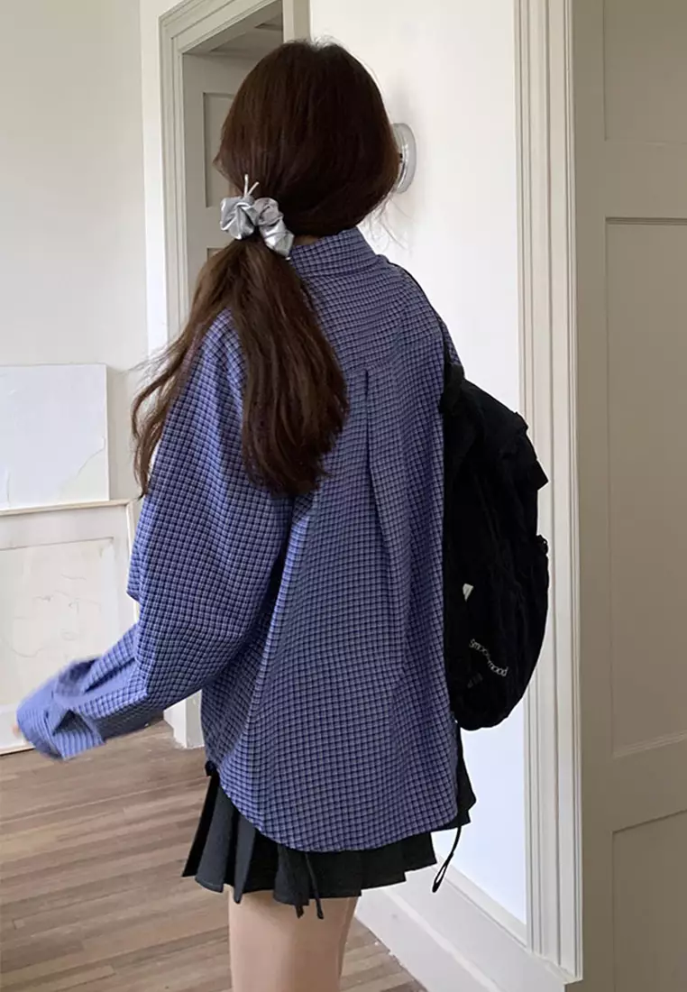 Korean ins retro plaid long sleeved shirt CA24092320MT