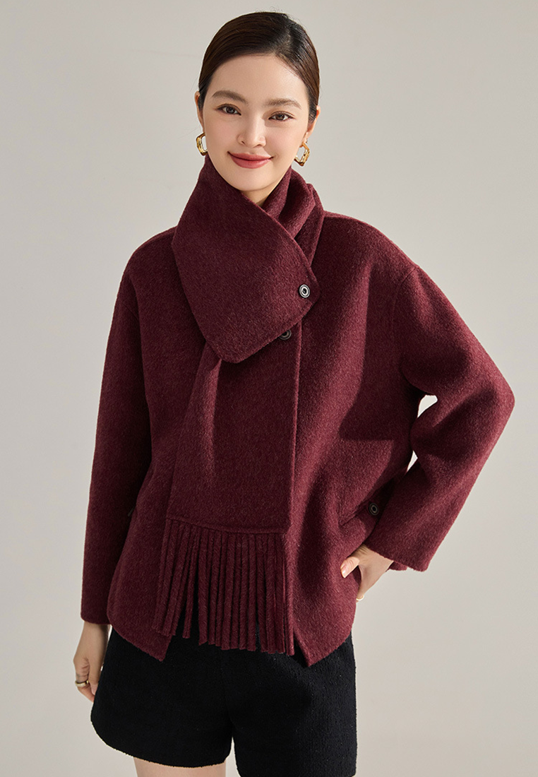 Winter detachable tassel scarf camel hair double-faced wool coat CA25010704GY