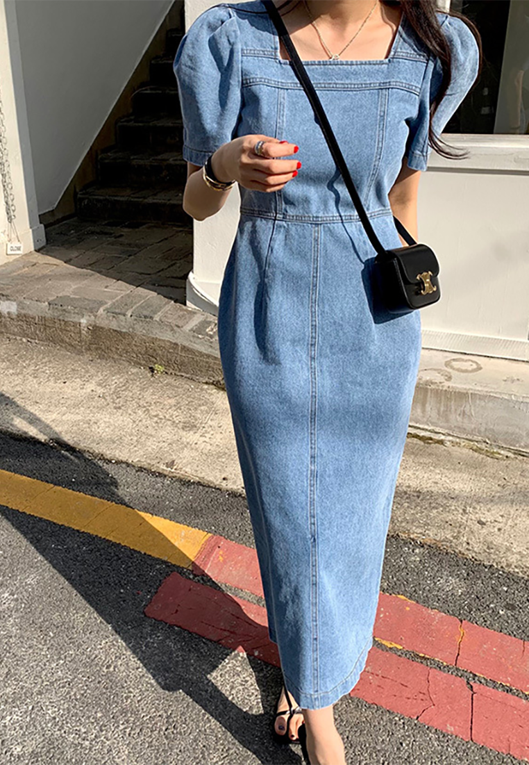 New French bubble short-sleeved denim dress CA25022412BL