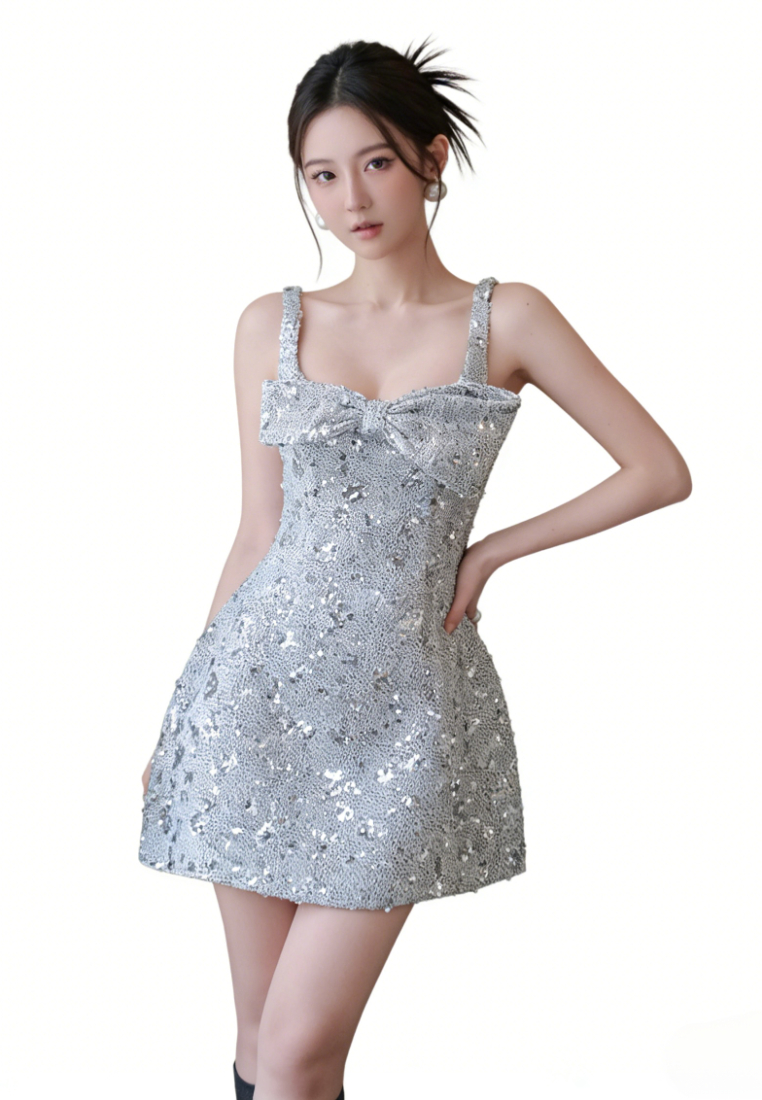Elegant Sequin Bow Square Neck Mini Dress Sparkly A-Line Party Cocktail Dress K26040913