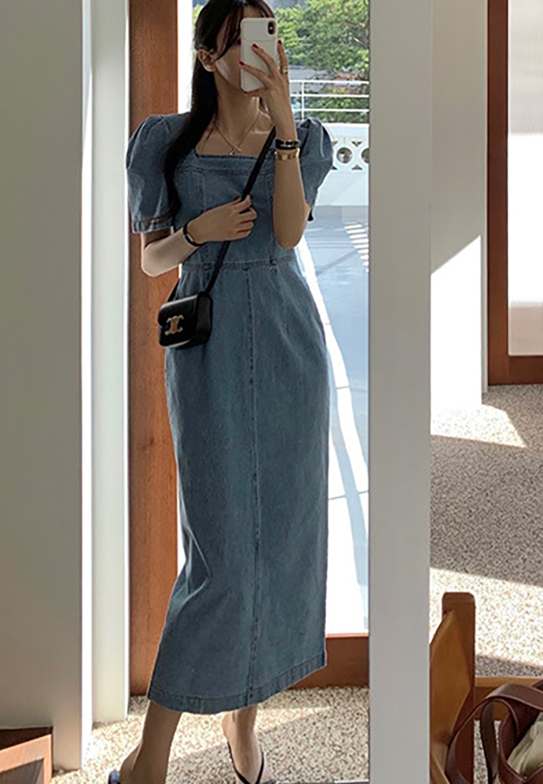 New French bubble short-sleeved denim dress CA25022412BL