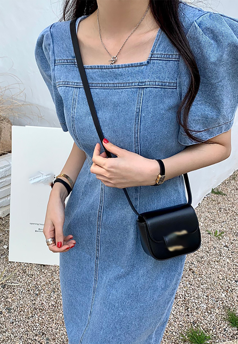 New French bubble short-sleeved denim dress CA25022412BL