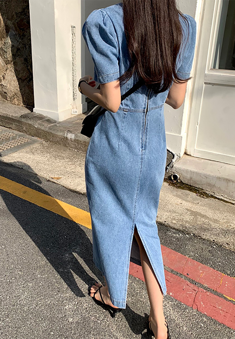 New French bubble short-sleeved denim dress CA25022412BL