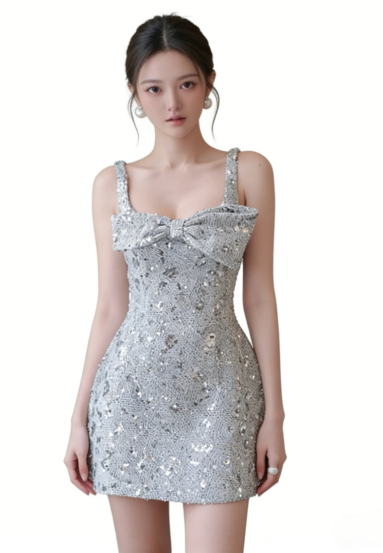 Elegant Sequin Bow Square Neck Mini Dress Sparkly A-Line Party Cocktail Dress K26040913