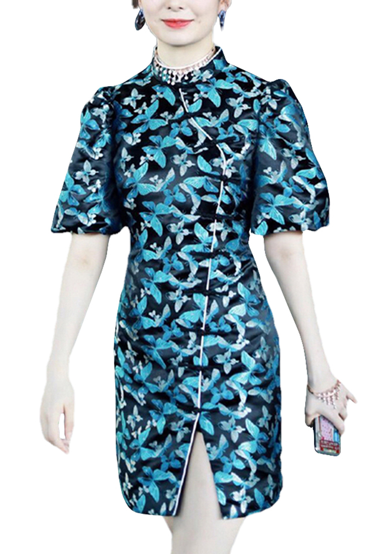 Elegant satin butterfly print puff sleeve cheongsam dress CA122712