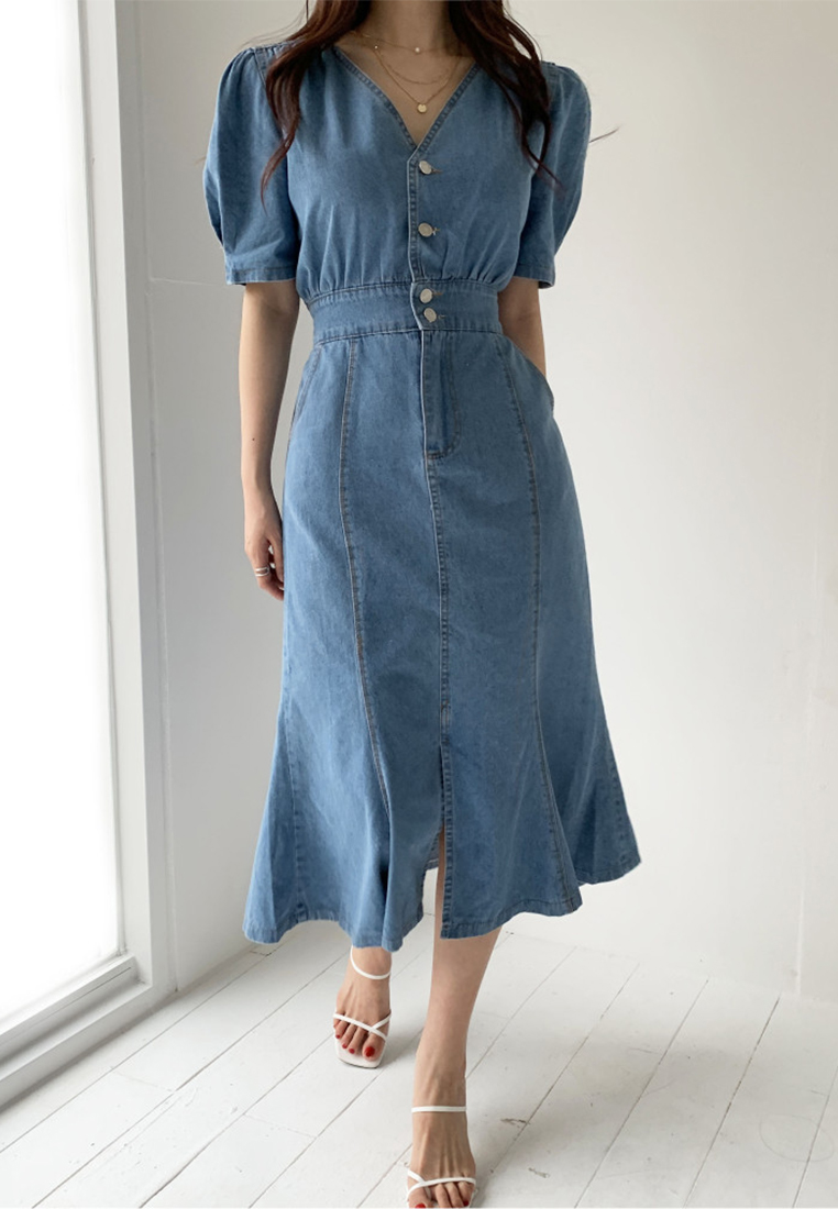 Retro style single breasted slim fit dress CA25032712BL