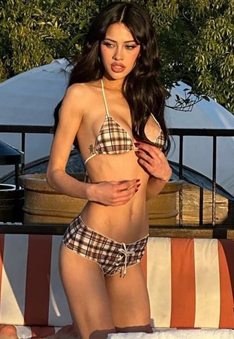 Retro plaid halter neck tie low waist drawstring bikini CA250523012MT