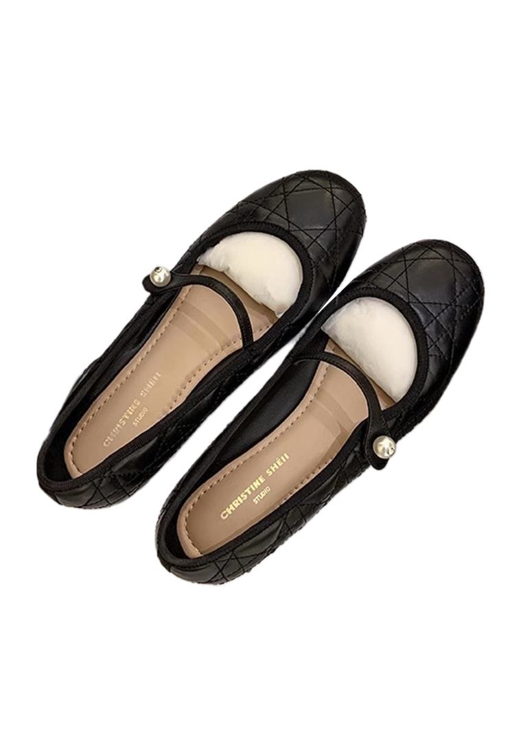 Cowhide diamond pearl buckle shallow-mouth flat shoes CA225042212W