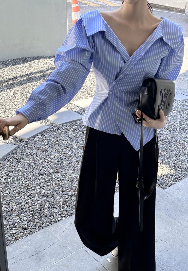 Early Fall Korean Chic Lapel Slanted Waist Shirt CA25090212BL