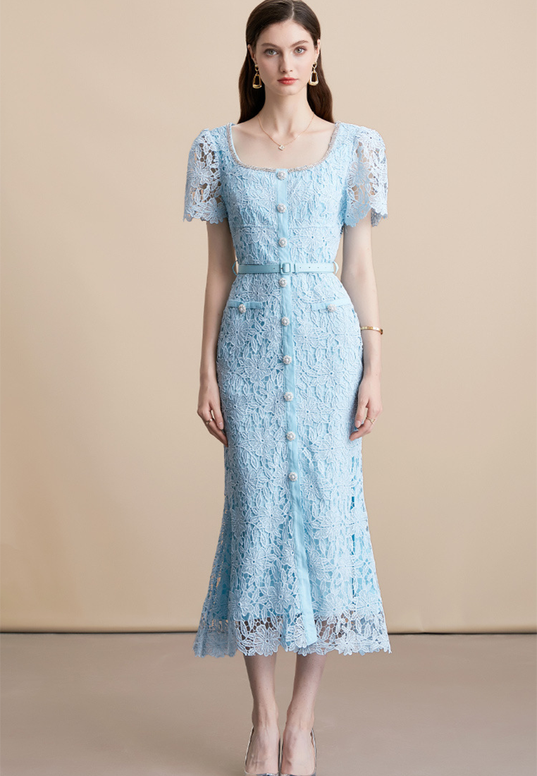 French Chic Fishtail Hem Lace Long Dress CA25091512BL
