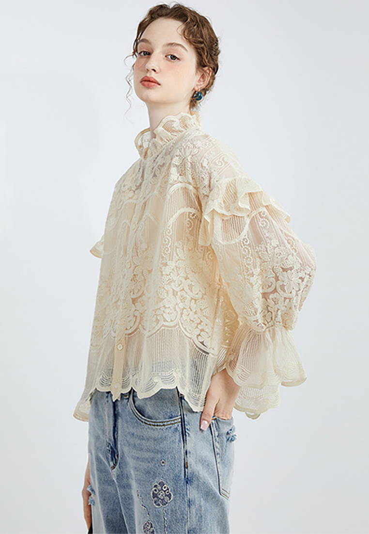 New Chinese style sun protection lace stand collar lace embroidery shirt CA25100912BK
