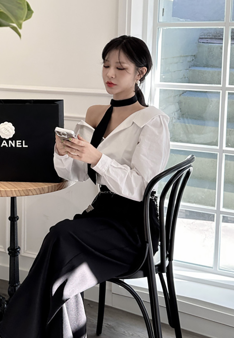 Early Fall Korean Chic Lapel Slanted Waist Shirt CA25090212BL