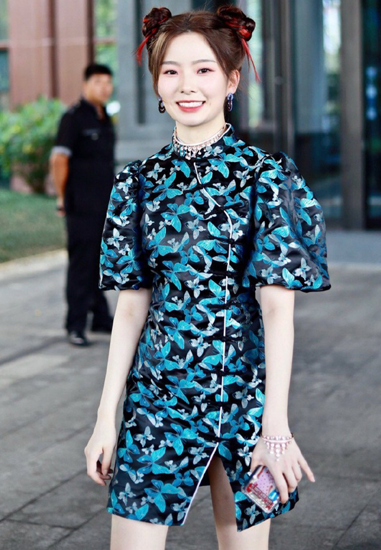 Elegant satin butterfly print puff sleeve cheongsam dress CA122712