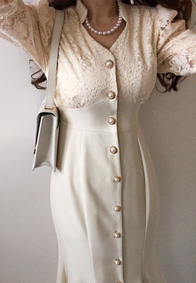 Lace single breasted waist cinching dress CA241128112BE