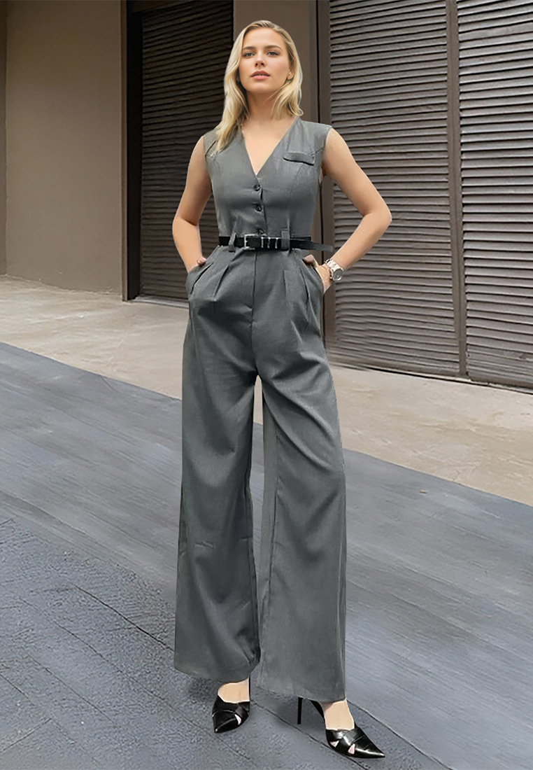 Summer new button solid color sleeveless style jumpsuit CA25042212GY