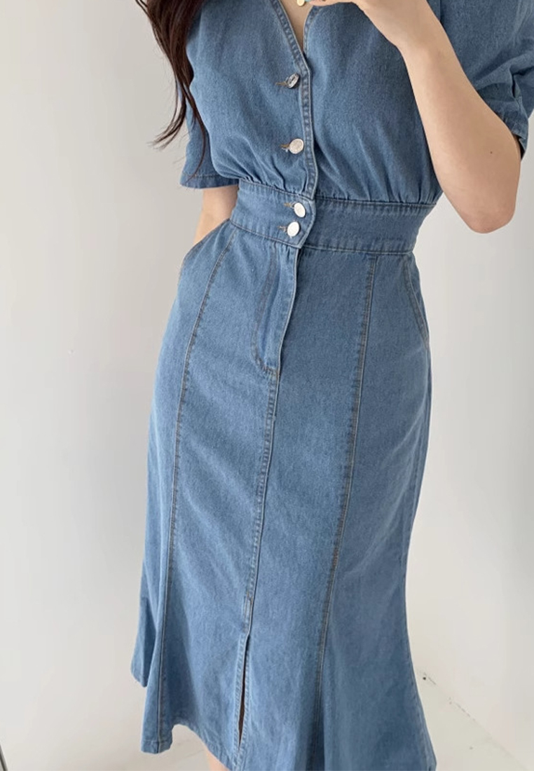 Retro style single breasted slim fit dress CA25032712BL