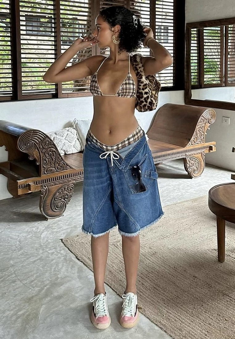 Retro plaid halter neck tie low waist drawstring bikini CA250523012MT