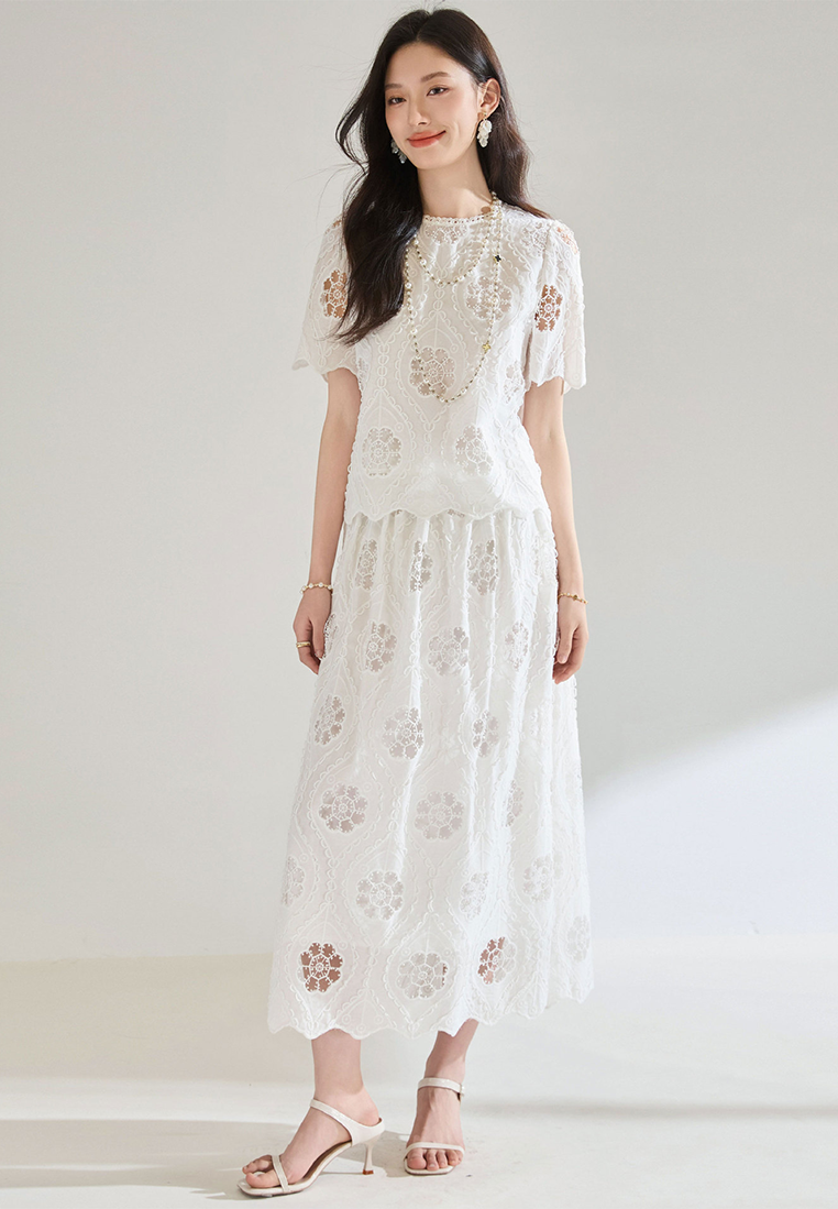 Summer new hollow embroidery short lace top + skirt set CA25052912W