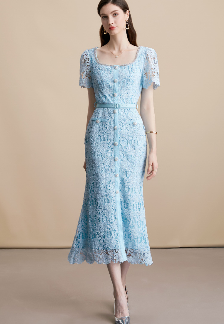 French Chic Fishtail Hem Lace Long Dress CA25091512BL