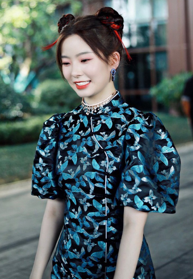 Elegant satin butterfly print puff sleeve cheongsam dress CA122712