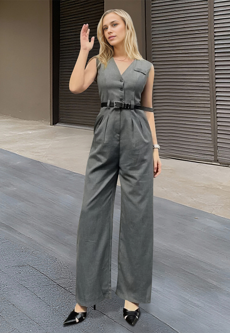 Summer new button solid color sleeveless style jumpsuit CA25042212GY