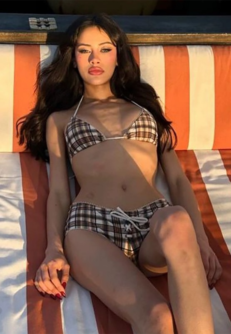 Retro plaid halter neck tie low waist drawstring bikini CA250523012MT