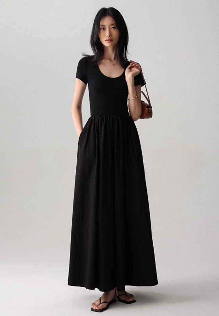 Knitted patchwork slim short-sleeved dress CA25061712BK