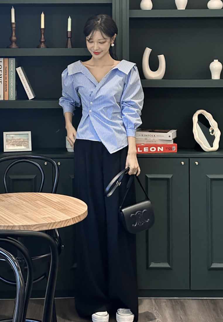 Early Fall Korean Chic Lapel Slanted Waist Shirt CA25090212BL