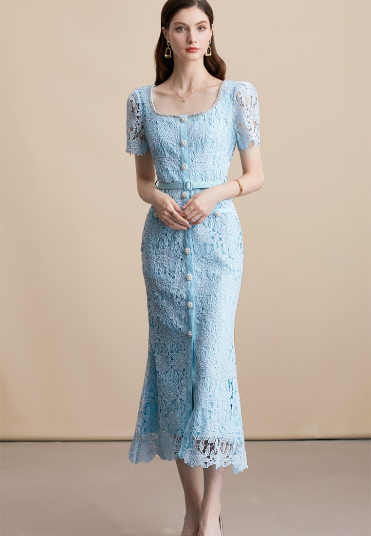 French Chic Fishtail Hem Lace Long Dress CA25091512BL
