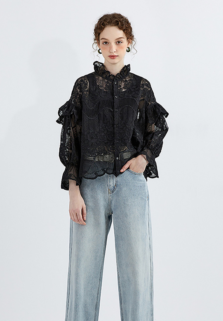 New Chinese style sun protection lace stand collar lace embroidery shirt CA25100912BK