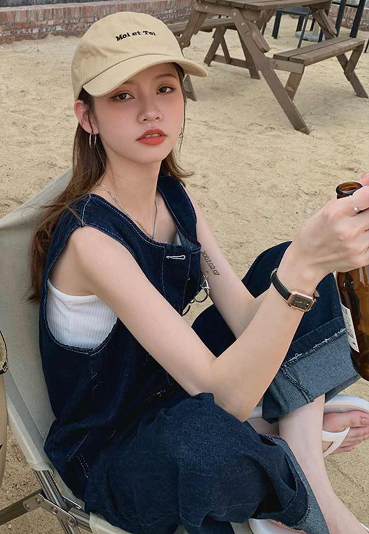 Fashionable and playful sleeveless suspenders single-breasted loose straight denim blue jumpsuit CA23050412-sunnydaysweety