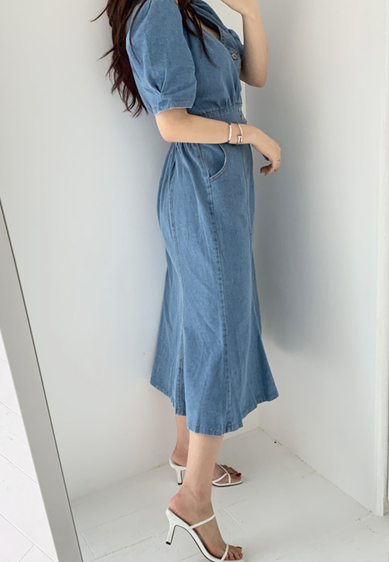 Retro style single breasted slim fit dress CA25032712BL