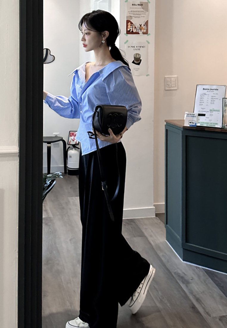 Early Fall Korean Chic Lapel Slanted Waist Shirt CA25090212BL