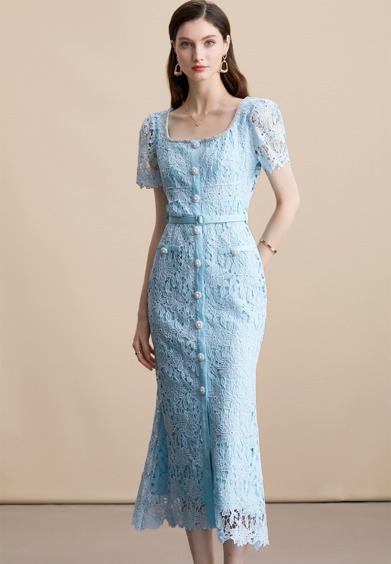 French Chic Fishtail Hem Lace Long Dress CA25091512BL