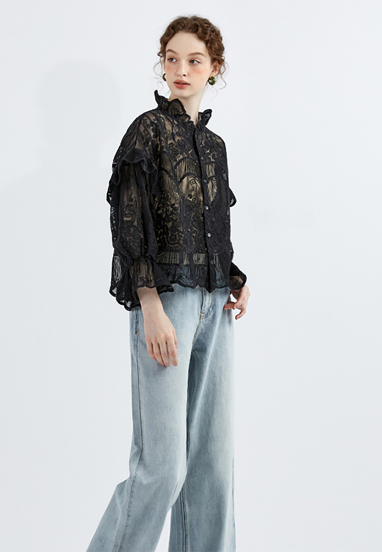New Chinese style sun protection lace stand collar lace embroidery shirt CA25100912BK