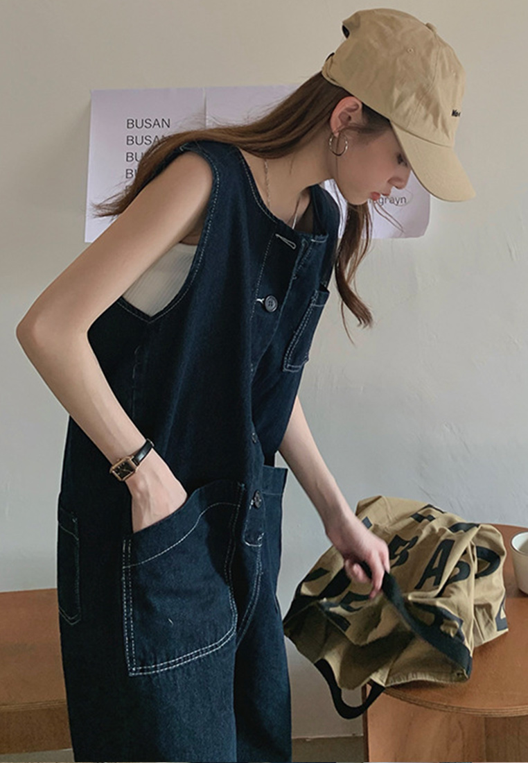 Fashionable and playful sleeveless suspenders single-breasted loose straight denim blue jumpsuit CA23050412-sunnydaysweety
