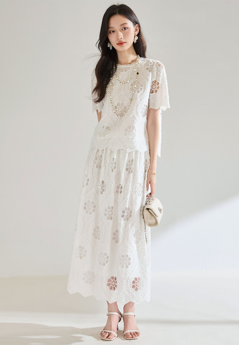 Summer new hollow embroidery short lace top + skirt set CA25052912W