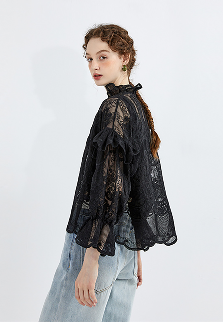 New Chinese style sun protection lace stand collar lace embroidery shirt CA25100912BK