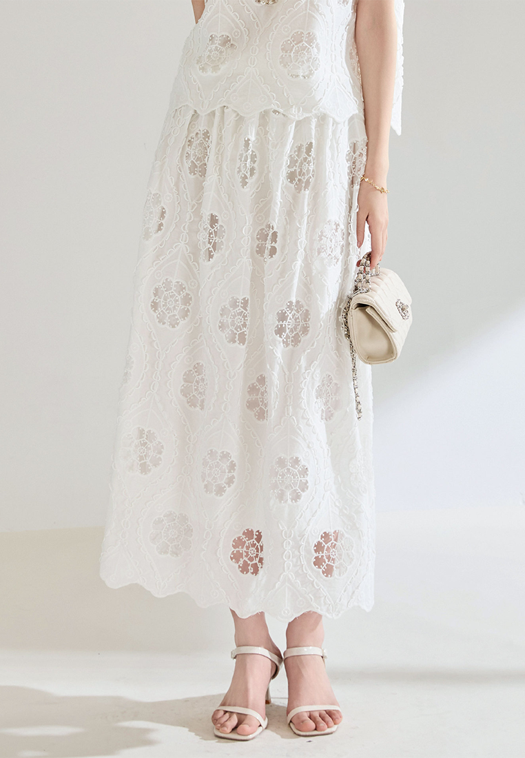 Summer new hollow embroidery short lace top + skirt set CA25052912W
