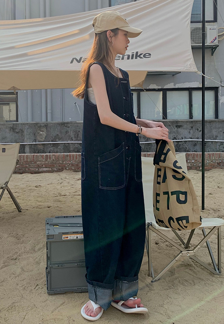 Fashionable and playful sleeveless suspenders single-breasted loose straight denim blue jumpsuit CA23050412-sunnydaysweety