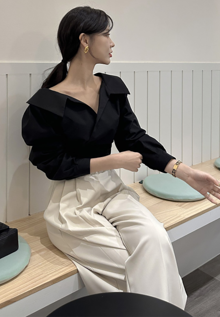 Early Fall Korean Chic Lapel Slanted Waist Shirt CA25090212BL