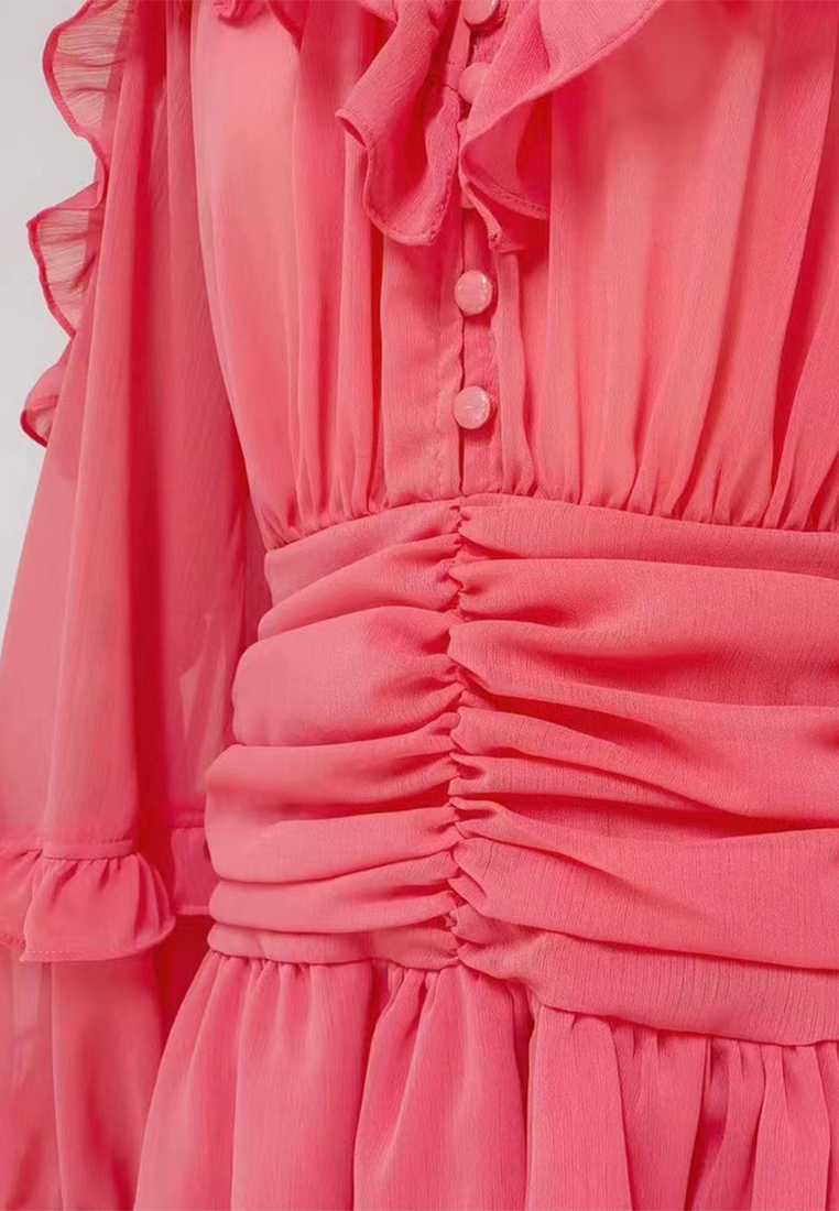 2024 autumn standing collar lotus leaf side length dress CA24081612BE