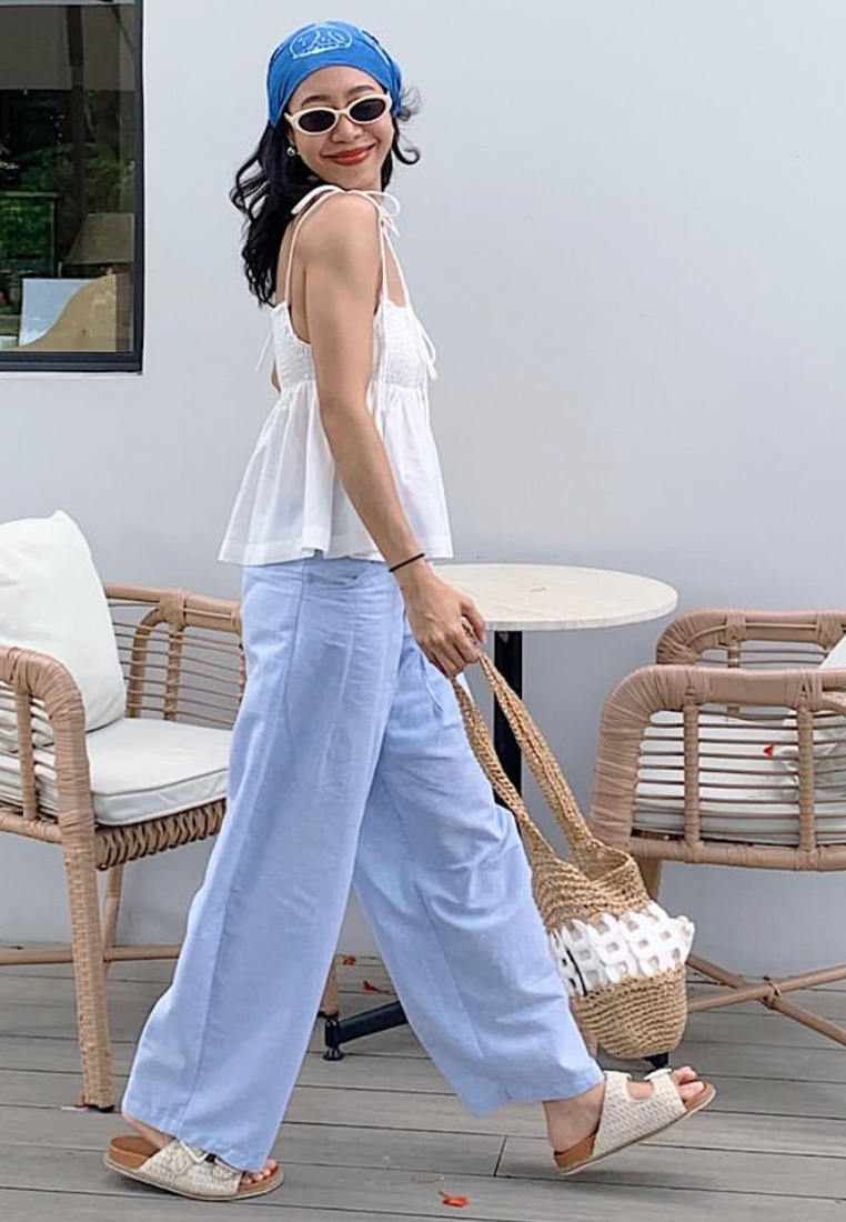 Summer solid color loose lace top CA25070912BL