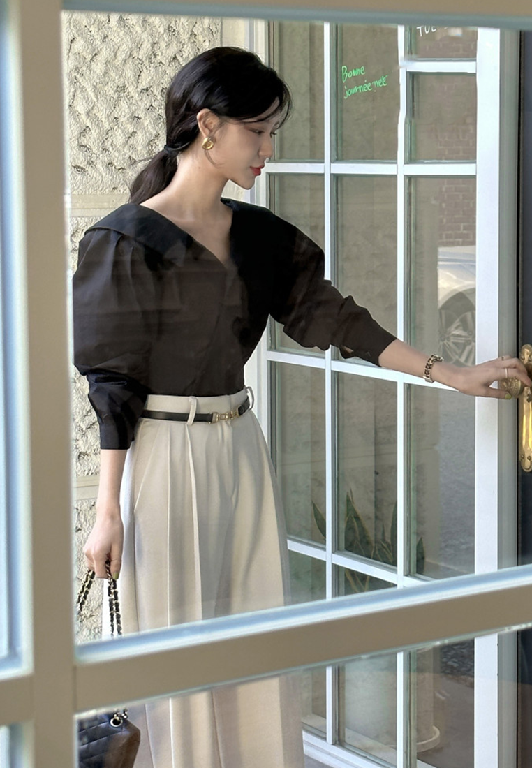 Early Fall Korean Chic Lapel Slanted Waist Shirt CA25090212BL