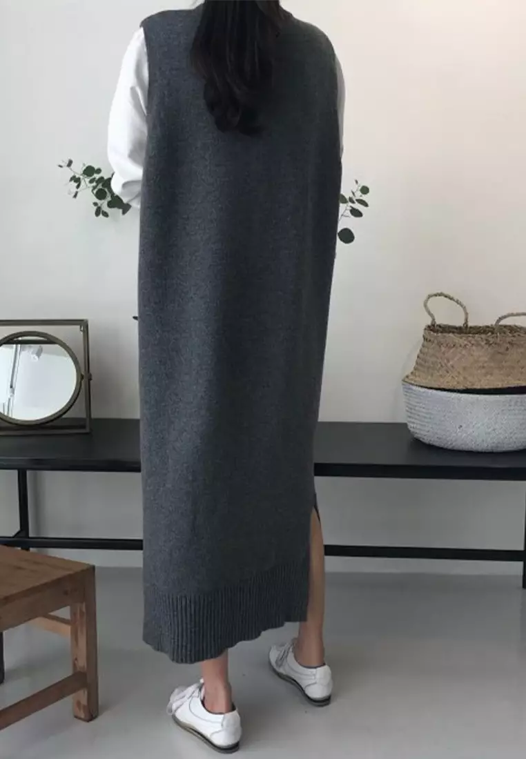 Classic retro long knit vest dress CA24092516BK