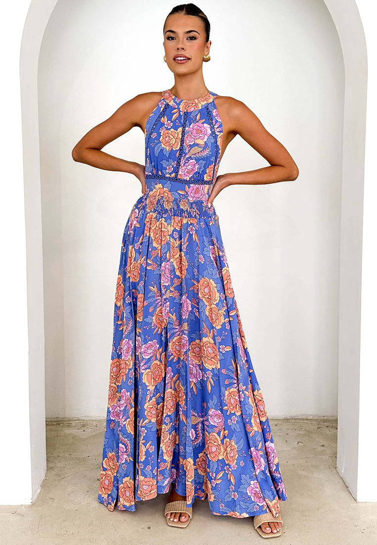Printed high waisted backless floral dress CA25042269BL