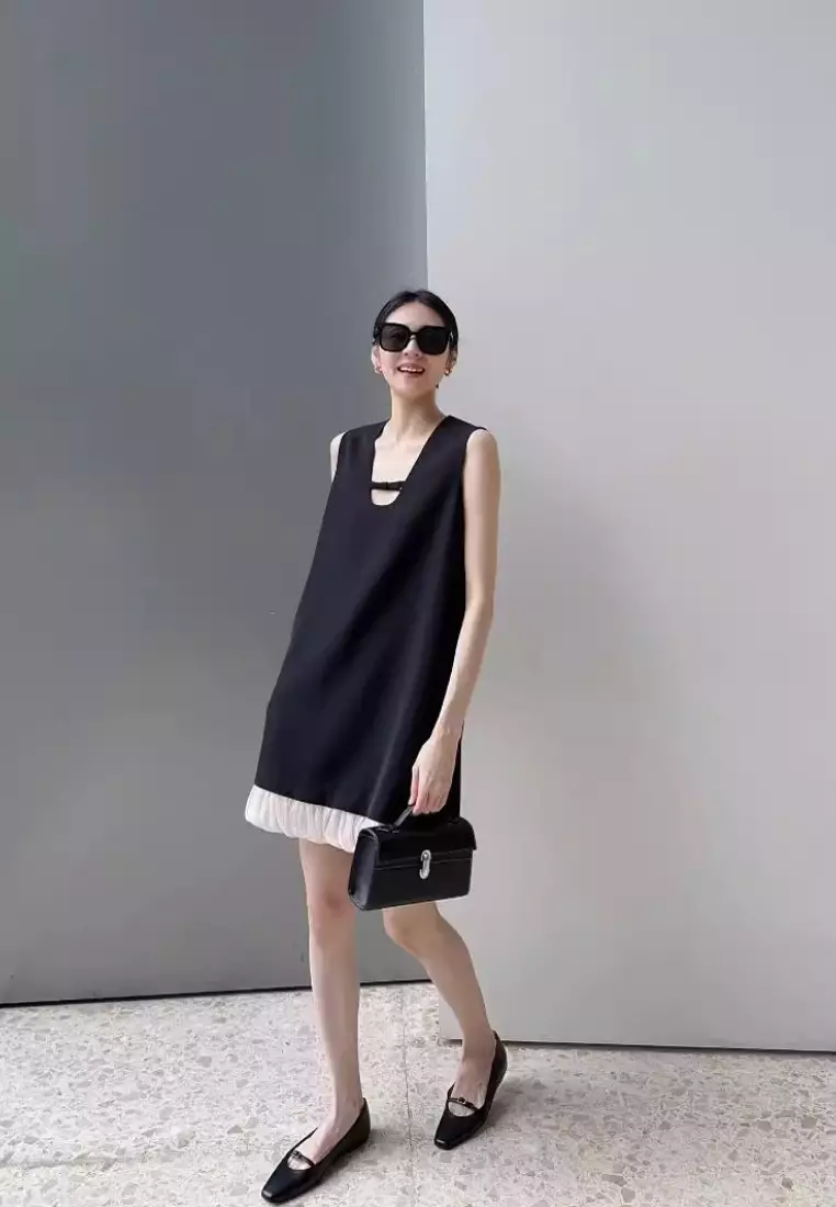 2024 New U-neck Spliced ​​Vest Black Dress K052711BK-S